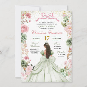 Sage Green Pink Coquette Bow Princess Quinceanera Einladung