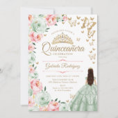 Sage Green Pink Floral Quinceanera Einladung (Vorderseite)