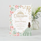 Sage Green Pink Floral Quinceanera Einladung (Stehend Vorderseite)