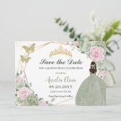 Sage Green Pink Floral Quinceanera Tan Princess Save The Date (Stehend Vorderseite)