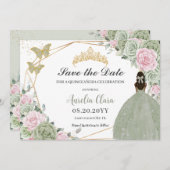 Sage Green Pink Floral Quinceanera Tan Princess Save The Date (Vorne/Hinten)