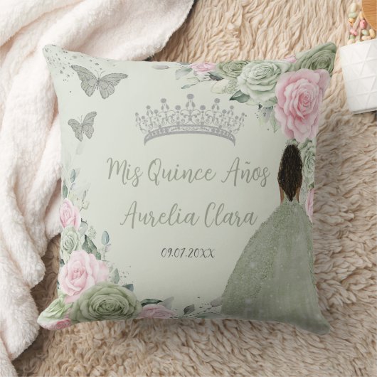 Sage Green Pink Floral Silber Quinceañera Keepake Kissen (Decke)