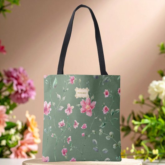 Sage Green pink Flowers pattern Trendy Classic Tasche