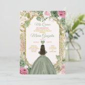 Sage Green Pink Mis Quince 15 Anos Crown Butterfly Einladung (Stehend Vorderseite)