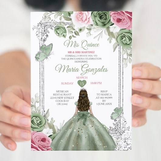 Sage Green Pink Mis Quince 15 Anos Crown Einladung