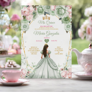 Sage Green Pink Mis Quince 15 Anos Crown Einladung