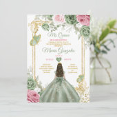 Sage Green Pink Mis Quince 15 Anos Crown Einladung (Stehend Vorderseite)