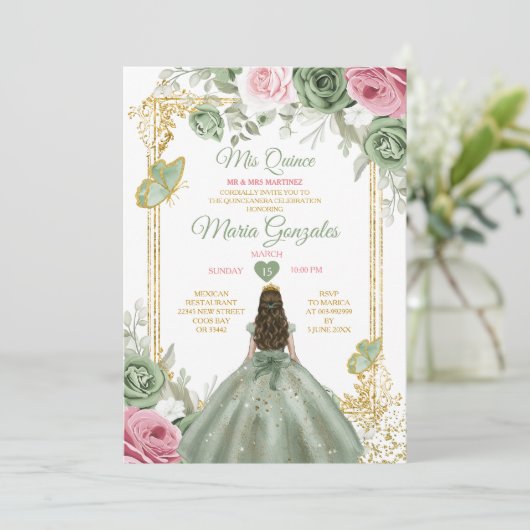 Sage Green Pink Mis Quince 15 Anos Crown Einladung (Stehend Vorderseite)