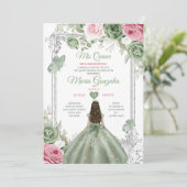 Sage Green Pink Mis Quince 15 Anos Crown Einladung (Stehend Vorderseite)