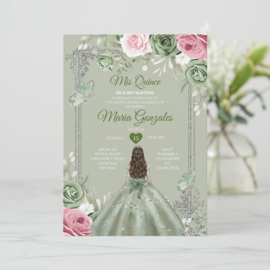 Sage Green Pink Mis Quince 15 Anos Crown Einladung (Stehend Vorderseite)
