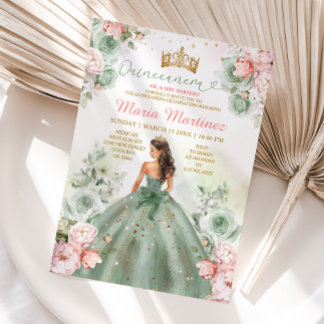 Sage Green Pink Peach Princess Floral Quinceañera Einladung