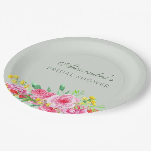Sage Green Pink Peony Brautparty Pappteller (Schrägansicht)