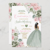 Sage Green & Pink Princess Floral Gold Quiñceanera Einladung (Vorne/Hinten)