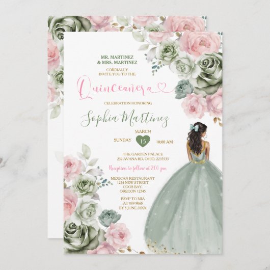 Sage Green & Pink Princess Floral Gold Quiñceanera Einladung (Vorne/Hinten)