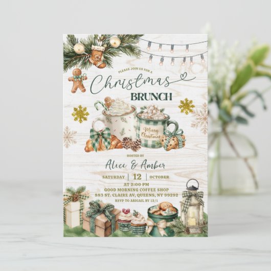 Sage Green Plaid Rustic Christmas Brunch Einladung (Stehend Vorderseite)