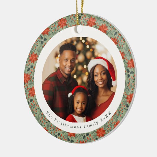 Sage Green Poinsettia 2 Family Photos Christmas Keramik Ornament (Links)