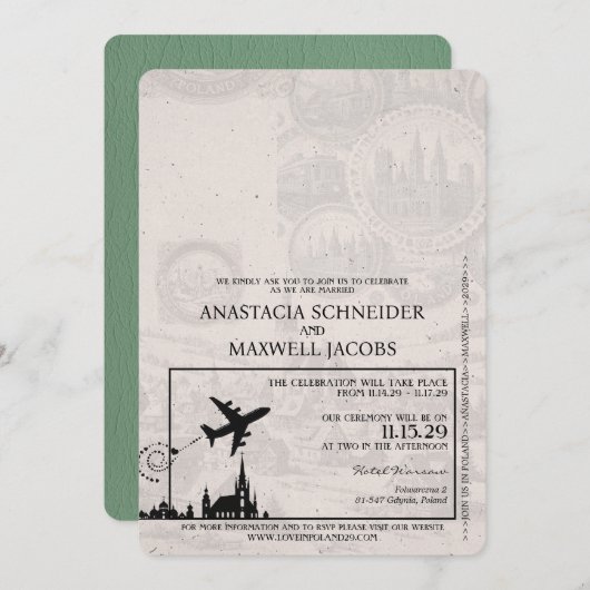 Sage Green Poland Passport Hochzeitseinladung Einladung (Vorne/Hinten)