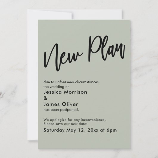 Sage Green Postponed Wedgenew Plan Update Card Einladung (Vorderseite)
