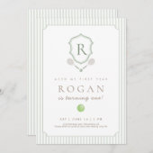 Sage Green Preppy Tennis Crest 1st Birthday invite Dankeskarte (Vorne/Hinten)
