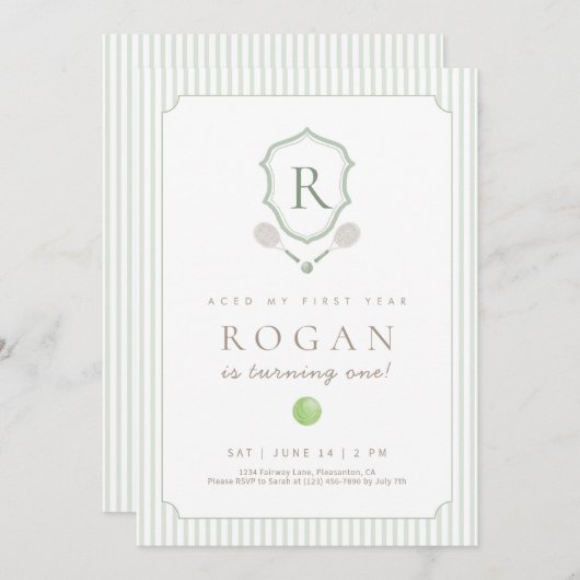 Sage Green Preppy Tennis Crest 1st Birthday invite Dankeskarte (Vorne/Hinten)