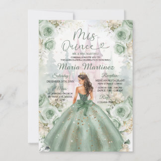 Sage Green Princess and Castle Floral Mis Quince Einladung