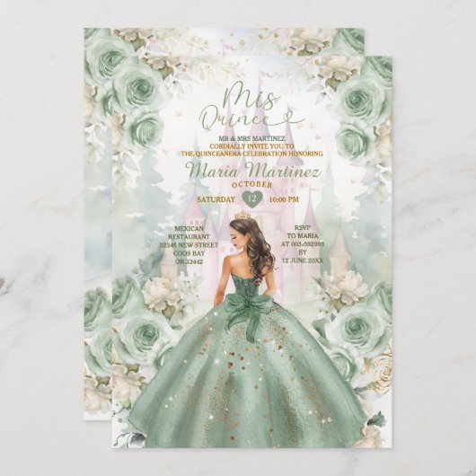 Sage Green Princess Castle und Forest Mis Quince Einladung (Vorne/Hinten)