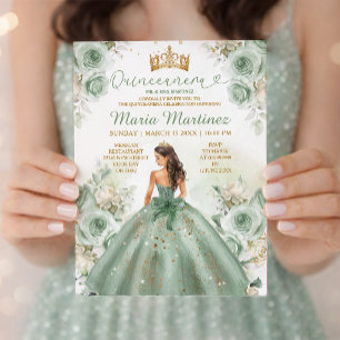 Sage Green Princess Dress Floral Gold Quinceañera Einladung