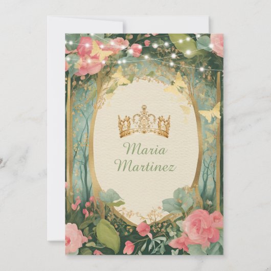 Sage Green Princess Dress Gold Forest Mis Quince Einladung (Rückseite)