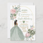Sage Green Princess Dress Pink Floral Quiñceanera Einladung (Vorderseite)