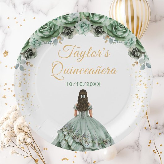Sage Green Princess Floral Quinceañera Pappteller