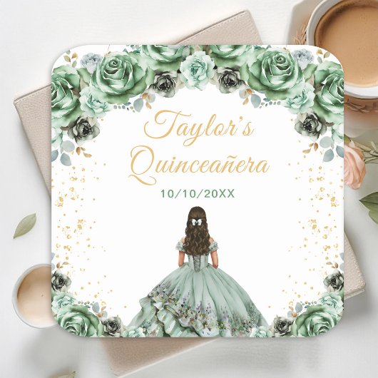 Sage Green Princess Floral Quinceañera Rechteckiger Pappuntersetzer