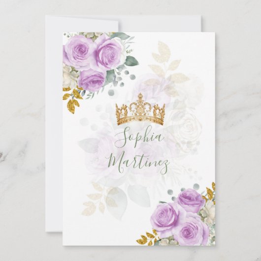 Sage Green Princess Lila Floral Gold Quiñceanera Einladung (Rückseite)