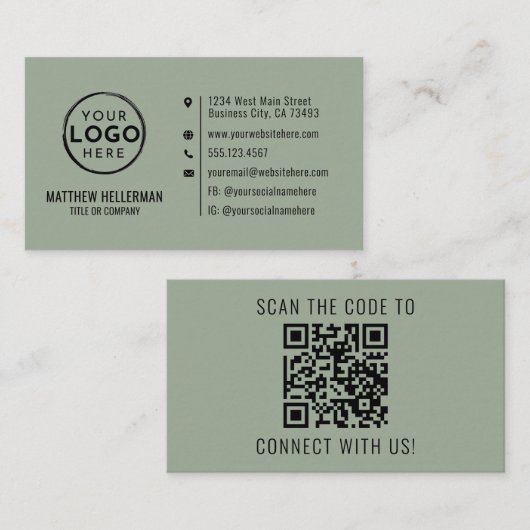 Sage Green Professional Minimalist QR Code Logo Visitenkarte (Vorne/Hinten)