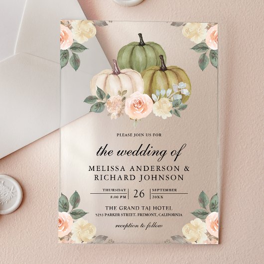 Sage Green Pumpkin and Dusty Peach Floral Wedding Acryleinladungen