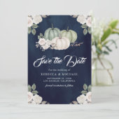 Sage Green Pumpkin Floral Navy Blue Wedding Save The Date (Stehend Vorderseite)