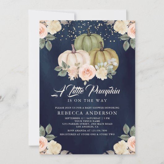 Sage Green Pumpkin Peach Floral Navy Baby Dusche Einladung (Vorderseite)