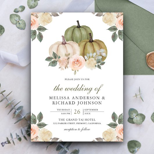 Sage Green Pumpkin und Dusty Peach Floral Wedding Einladung