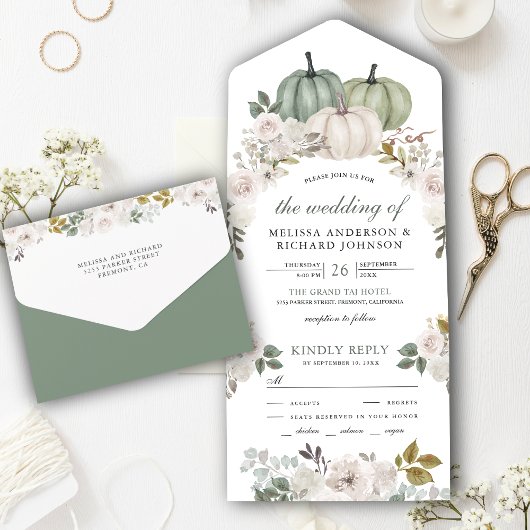 Sage Green Pumpkin und White Floral Wedding All In One Einladung