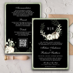 Sage Green Pumpkin Wreath QR Code Black Wedding Einladung