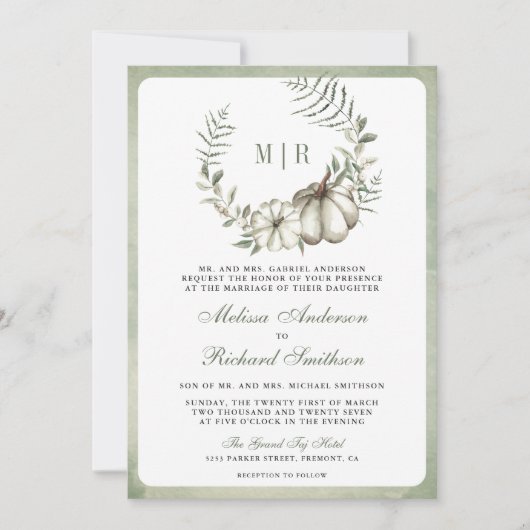 Sage Green Pumpkin Wreath QR Code Hochzeit Einladung (Vorderseite)