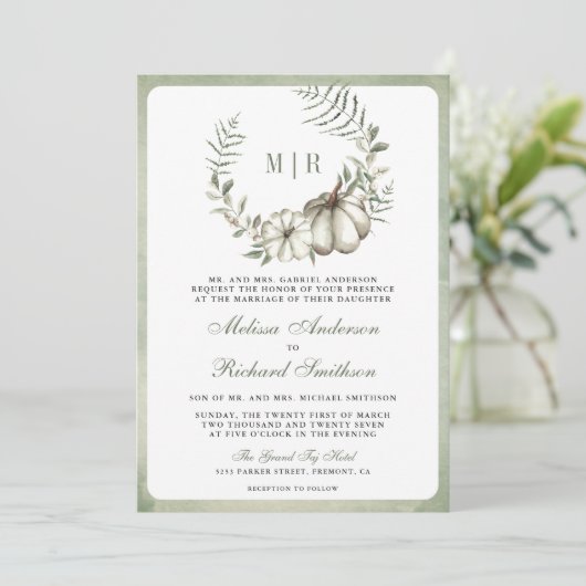 Sage Green Pumpkin Wreath QR Code Hochzeit Einladung (Stehend Vorderseite)