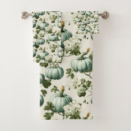 Sage Green Pumpkins & Autumn Florals Badhandtuch Set (Insitu)