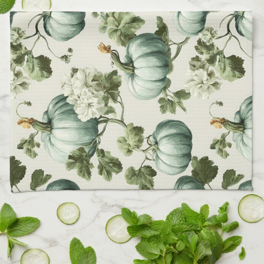Sage Green Pumpkins & Autumn Florals Geschirrtuch (Gefaltet)