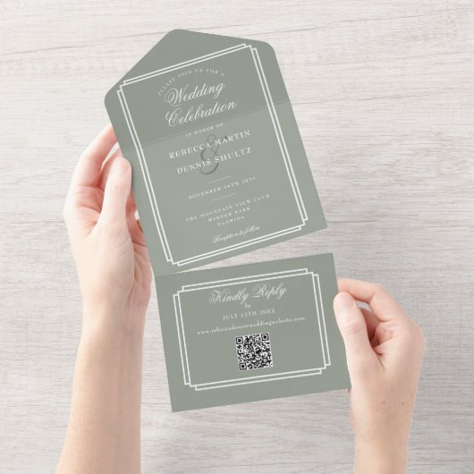 Sage Green QR Code Art Deco Monogram Wedding All In One Einladung (Abreißen)