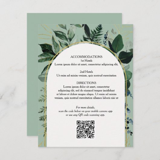 Sage Green QR Code Botanische Trauung Details Kart Begleitkarte (Vorne/Hinten)