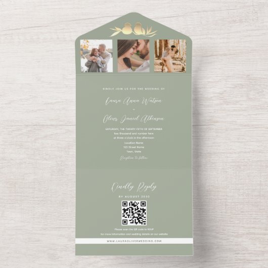 Sage Green QR Code Foto Hochzeit All In One Einladung (Innen Boden)
