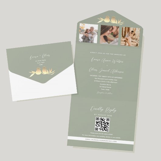 Sage Green QR Code Foto Hochzeit All In One Einladung