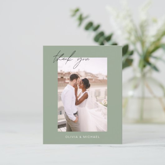 Sage Green QR Code Hochzeit Danke Foto Card (Stehend Vorderseite)