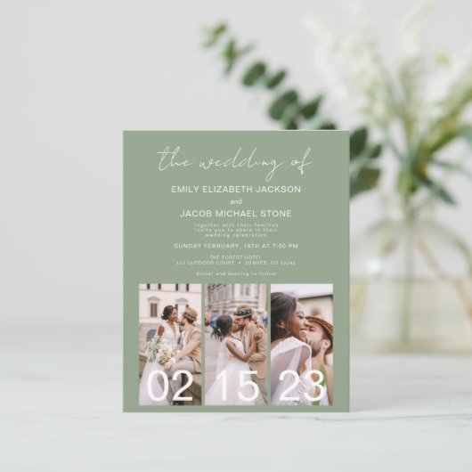 Sage Green QR Code Kalligrafie Einladung Hochzeit (Stehend Vorderseite)