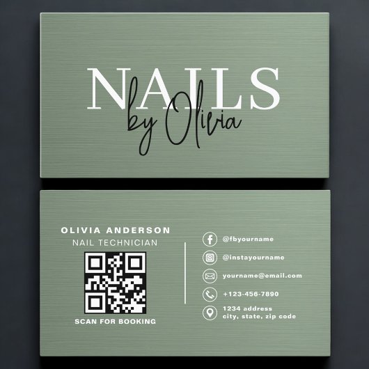 Sage Green QR Code Nail Specialist Metallic  Visitenkarte